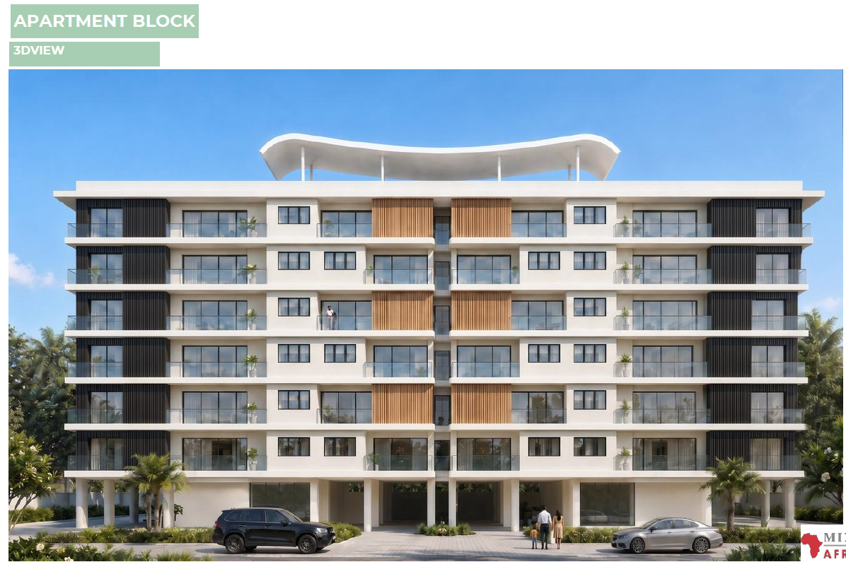 Apartment Block — 7 storeys, wave roofline canopy, dark louvre fins
