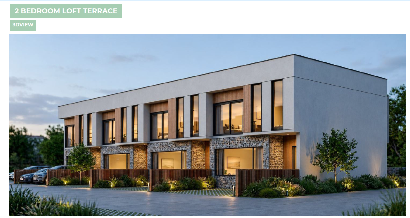 2 Bedroom Loft Terrace — gabion stone ground floor, timber louvres above