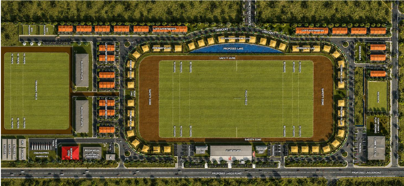 Project XIX masterplan: polo field (east-west), crescent lake to the north, clubhouse to the south, premium villas surrounding the field, training field and stables to the south-west, paddock and recreation to the east.