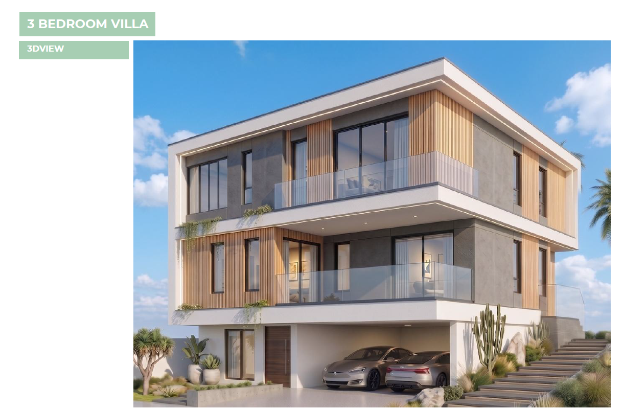 3 Bedroom Villa exterior — flat roof, timber louvres, undercroft parking